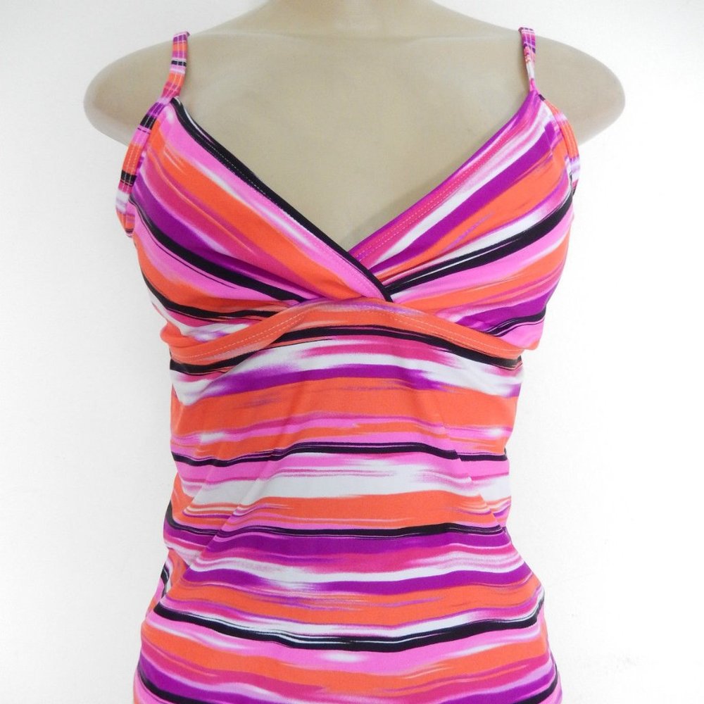 Tankini Swim Top Pink Orange Purple Stripe Catalina LARGE summer beach pool